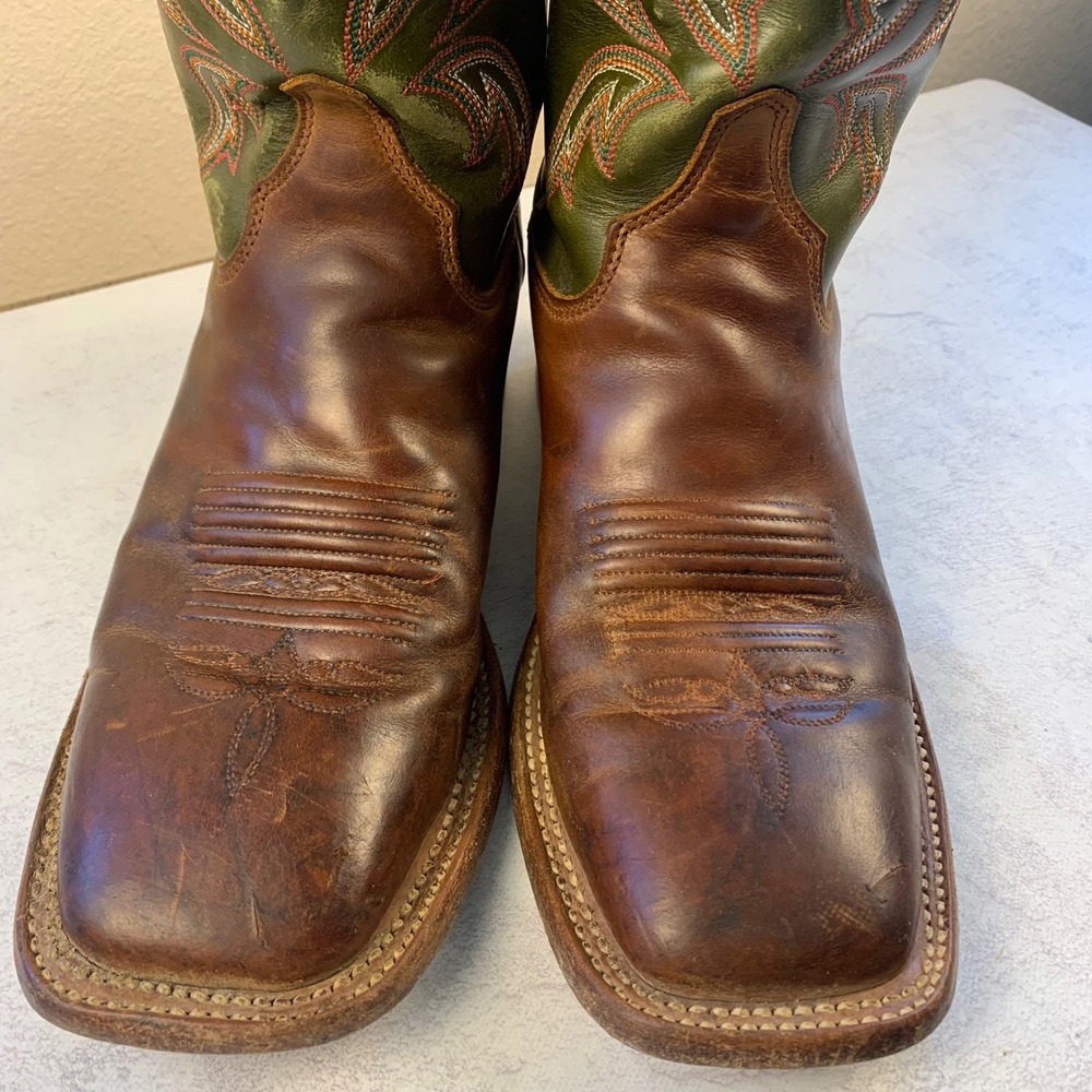 Justin 6.5D Bent Rail BR307 Cowboy Boots Brown Green 11" Square Toe USA Made - Picture 11 of 16